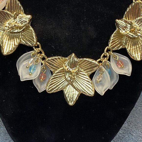 NY Statement Necklace Gold Tone Flower Bib Modernest Lotus Lily Colored Gems - Picture 2 of 6